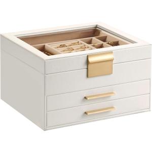 Somduy Jewelry Box Organizer for Women,3 Layers Jewelry Storage Display Box with Glass Lid,Gift for Christmas,3 Drawers,Large Capacity for Necklace Earrings Bracelets Rings,White