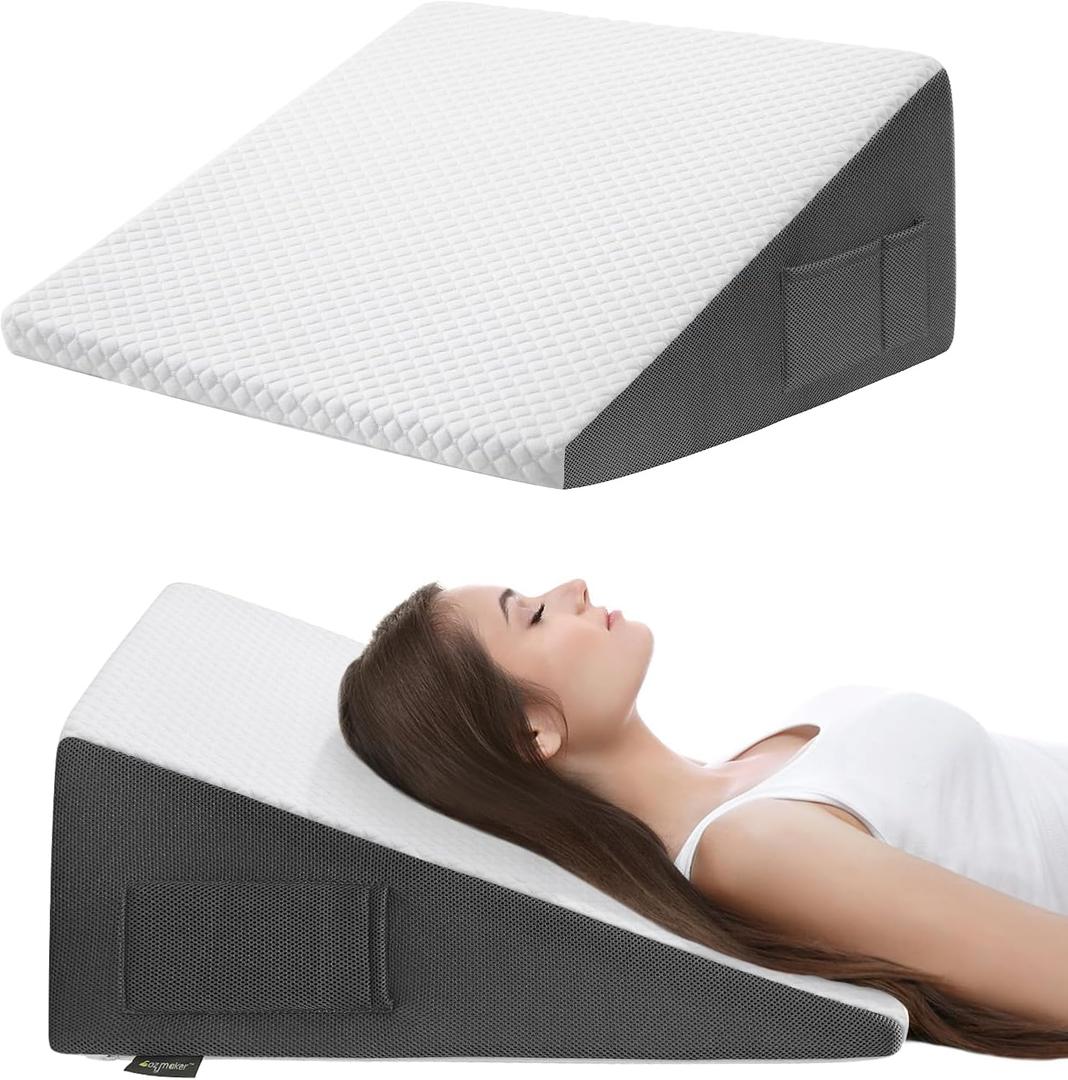 Cozymaker 12" Bed Wedge Pillow for Sleeping After Surgery, Back Support, Leg Elevation, Gerd Acid Reflux, Relief Neck Pain, Sleep Apnea, Snoring, Cooling Memory Foam Triangle Incline Wedge (White-Grey)