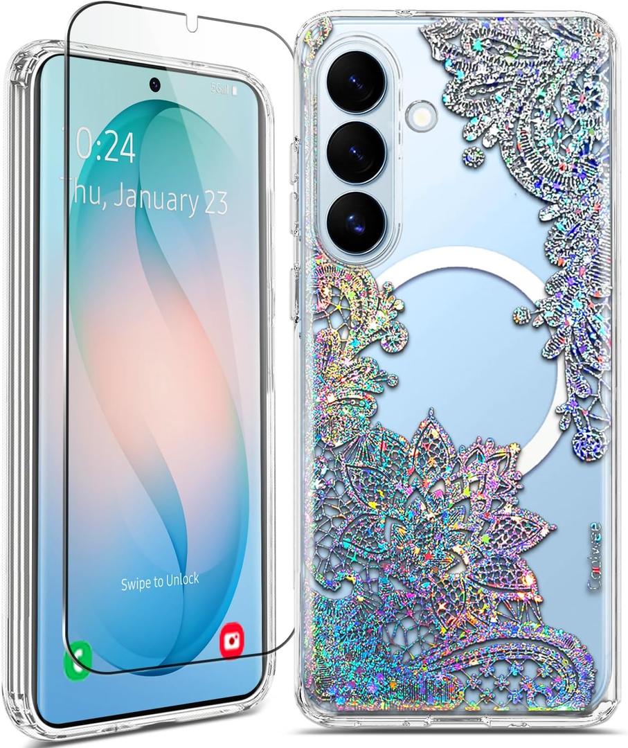 Magnetic for Samsung Galaxy S26 Case, Compatible with MagSafe, Cute for Women Girls, 10FT Military Grade Protective Cover for Samsung Galaxy S26 Case Glitter, Clear Bling Lace Mandala