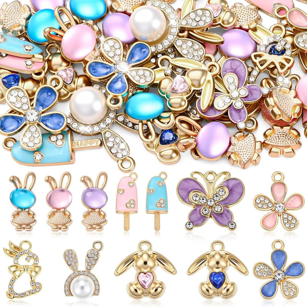Landical 48 Pcs Easter Charms for Jewelry Making Assorted Gold Enamel Pastel Bunny Rabbit Flower Butterfly Jewelry Pendants for Spring Bracelet Necklace Earring Craft Making Supplies