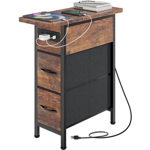 Huuger Narrow End Table with Charging Station, Side Table with 2 Drawers Slim Night Stand with USB-C Port for Small Spaces, Flip Top Nightstand Bedside Couch Table, Living Room, Rustic Brown 9 "W