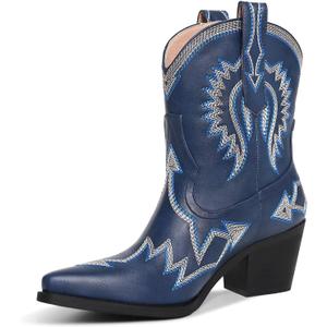 Western Boots for Women Metallic Embroidered Pointed Toe Cowgirl Boots Chunky Heel Pull-On Short Cowboy Boots Wide Calf Country Ankle Boots (Size 9)