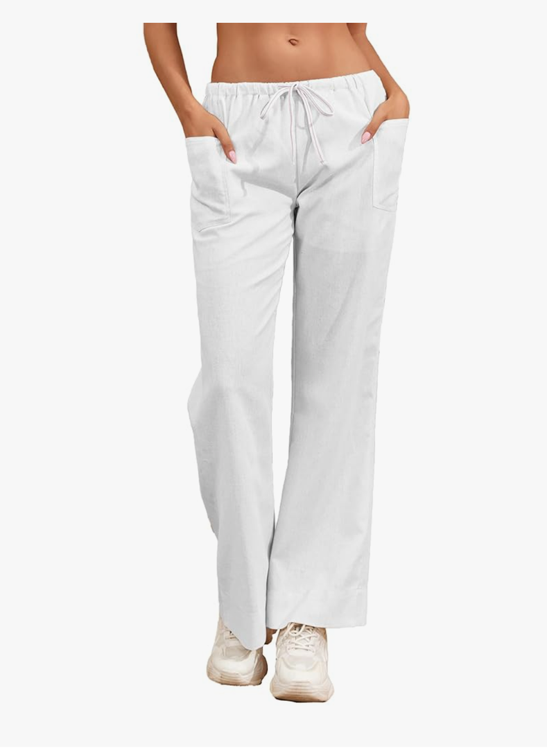 Famulily Womens Linen Pants Summer Wide Leg Casual Loose Drawstring Low Waist Palazzo Pants Lined Trousers with Patch Pockets S