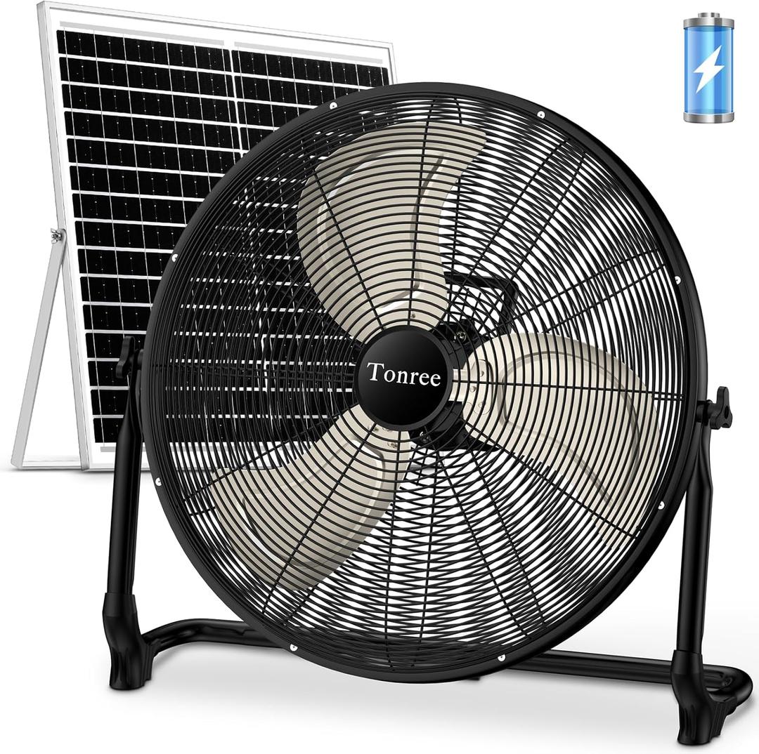 20" Large Solar Fan, Portable Battery Operated Floor Fan, 50W Rechargeable Solar Powered Wireless Camping Fan Outdoor, Waterproof, Hi-airflow, Cordless, for Outside Home Garage Gym Patio Travel