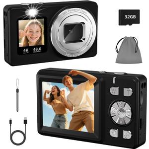 Digital Camera, 4K 48MP Autofocus Dual Screen for Selfies, 18X Zoom Fill Light, Portable Point and Shoot Camera with 32GB SD Card for Kids, Teens, Girls, Boys- Black