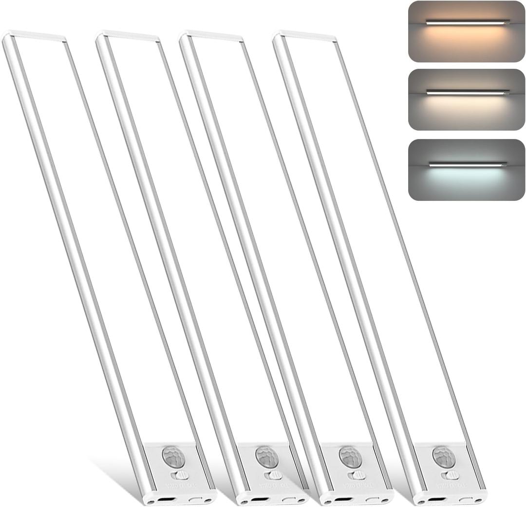 4-Pack Pro Magnetic Motion Sensor LED Under Cabinet Lights, USB-C Fast Charging Wireless Bar Lighting with 3 Adjustable Color Temps & Dimmable Brightness, Peel-and-Stick for Kitchen, Staircase, Closet