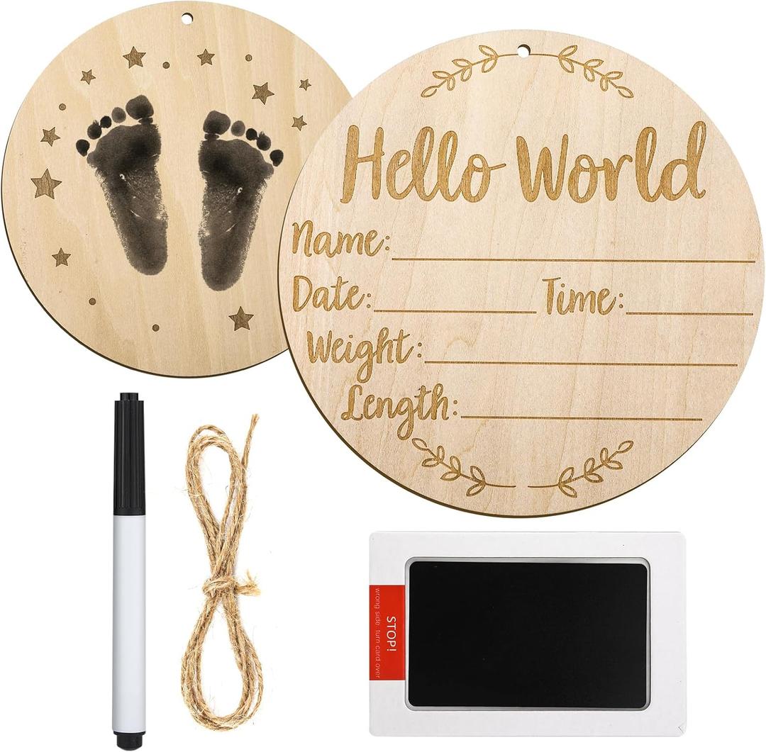 Wooden Baby Announcement Sign, 5.9 Inch Hello World Newborn Birth Sign With Ink Pad Markers for Nursery Name, Birthday, Baby Showers, Photo Props
