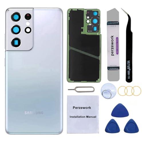 Perzework Rear Back Glass Replacement for Samsung Galaxy S21 Ultra 6.8-inches with Repairing Toolkit (Phantom Silver)