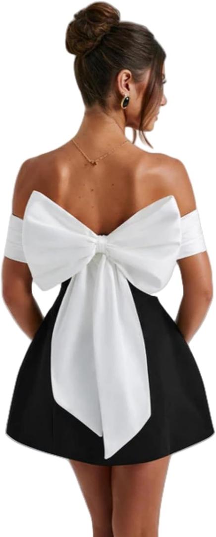 AIBEARTY Women's Elegant Big Bow Off Shoulder Mini Dress Sexy Strapless Backless Party Cocktail Evening Wedding Dresses (Black&white, S)