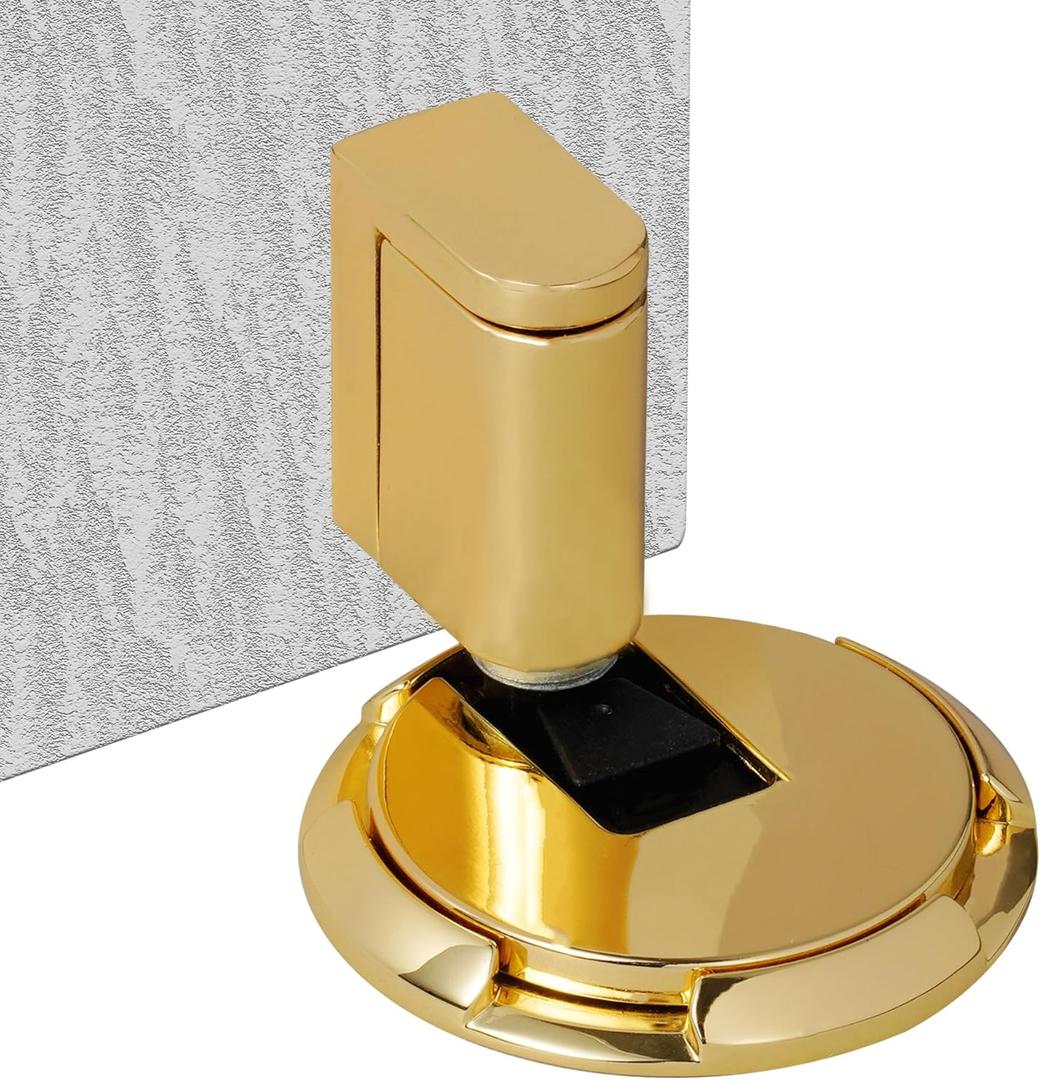 VACNEA Windproof Door Stopper, Mechanical Heavy Duty Adjustable Height Door Catch Holder, Keep Door Open, No Drilling or Screw Mounting with Adhesive Pads & Screws, 1Pack, Gold