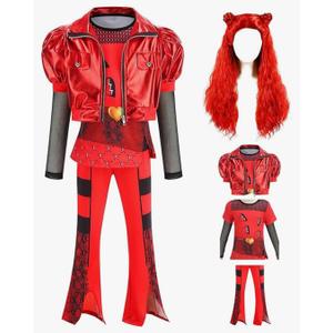 Rise of Red Girls Costume 4-14year Girls Halloween Christmas Cosplay Outfits with Long Curly Red Cosplay Wig, Size 150