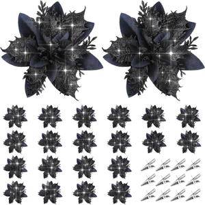 24 Pieces Poinsettia Christmas Decorations Glitter Poinsettia Flowers 5.5 Inch Poinsettias Artificial Christmas Flowers for Christmas Tree Ornament Party Decorations Wreath Garlands (Black)