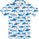 RAISEVERN Boys Button Down Shirts Hawaiian Cartoon Print Slim-Fit Short Sleeve Cool Dress Shirt Cute Top for Kids(2-10T) (White)