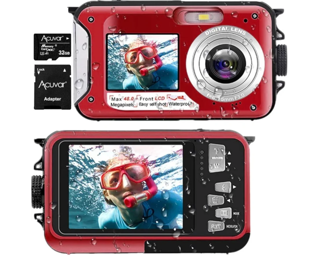 Acuvar 48MP Underwater Camera with 32GB Card, 11FT Waterproof Digital Camera, Dual-Screen Selfie, Autofocus, Floatable Compact Snorkeling Camera with 1250mAh Battery (Red)