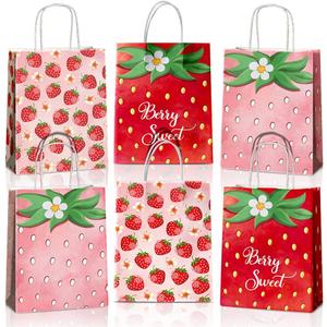 24 Pcs Strawberry Party Favor Bags With Handles - Berry Goodie Gift Bags for Kids, Kraft Paper for Birthday Party Supplies and Decorations