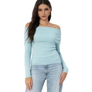Women's Autumn Sweater, 2026 Casual Long Sleeve Off-The-Shoulder Strapless Knitted Sweater, Pullover Sweater (Blue)