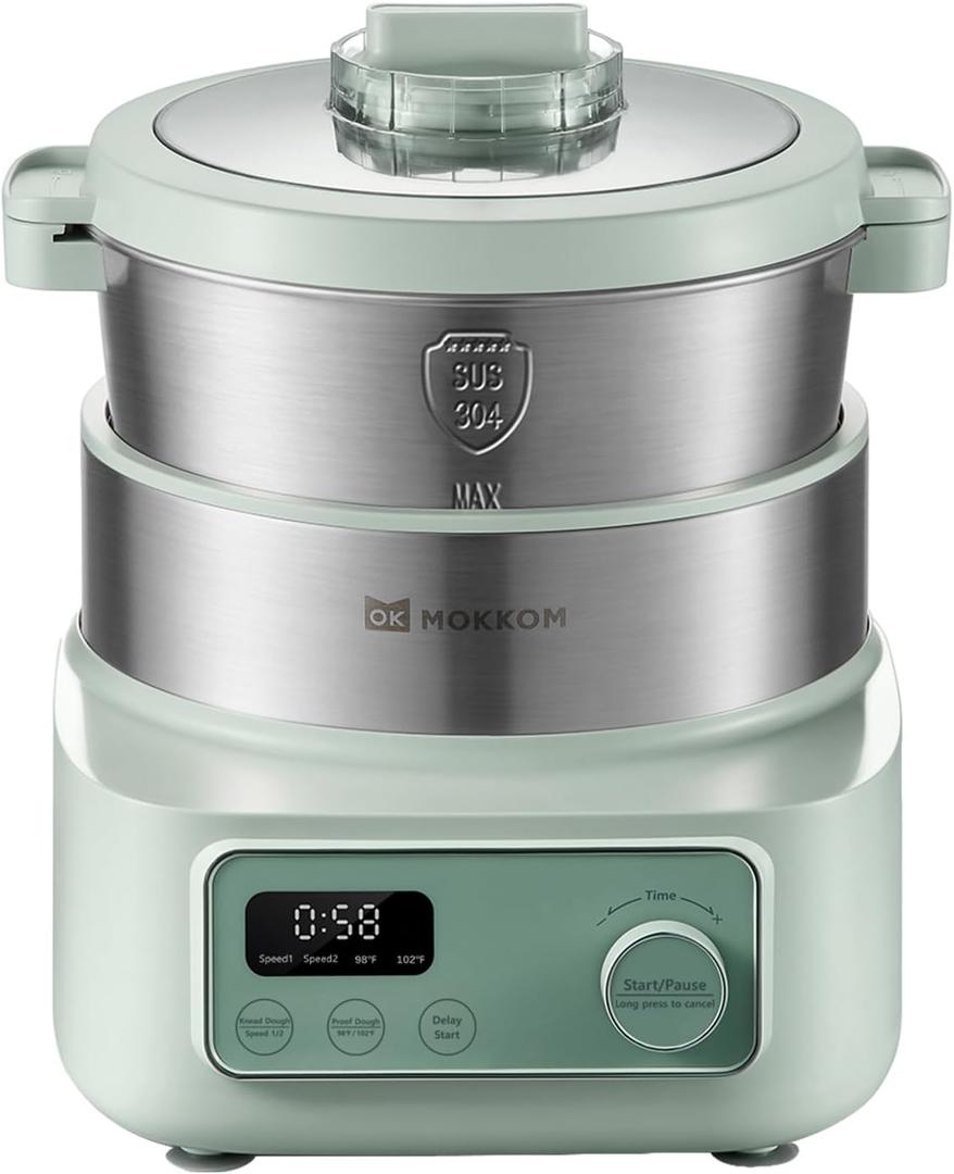 MOKKOM Electric Dough Maker with Proof Dough Function, Microcomputer Timing, 6.34Qt 304 Stainless Steel Bowl, Household Dough Maker Kitchen Flour Kneading Machine, Green