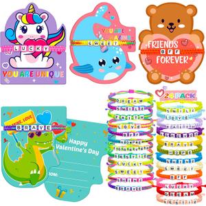 Valentines Day Cards for Kids School with Bracelets 24 Pack, Valentines Day Gifts for Kids Classroom with Friendship Bead Bracelets, Exchange Gift Valentine Party Favors for Kids Girls Boys
