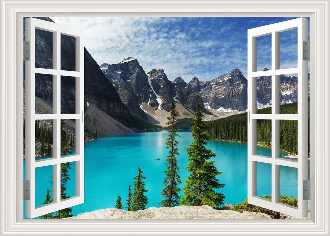 Fake Window Wall Decal Mountains Lake View Faux Window Sticker Office Poster Picture Open Landscape Wall Art Decor, Stick and Peel Natural Scenery Scene Mural 16"x24"