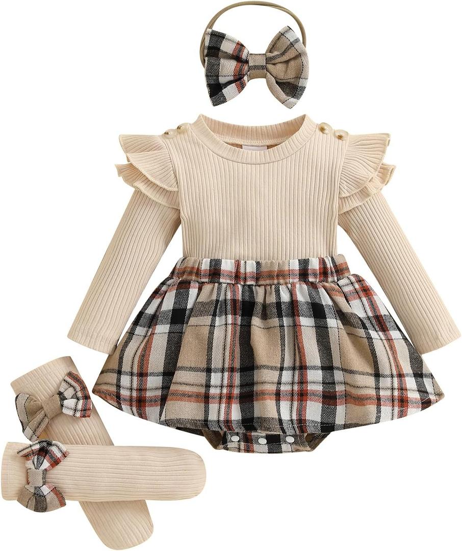 Giraropa Baby Girl Fall Winter Clothes Long Sleeve Romper Dress + Socks + Headband Newborn Infant Cute Casual Outfits (3-6 Months, Khaki)