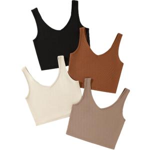 Milumia Women's 4 Pack Ribbed Knit V Neck Sleeveless Plain Fitted Crop Tank Top Set B Multicolor X-Small