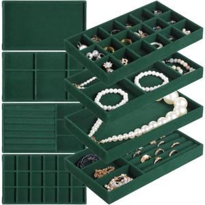 Homaisson Jewelry Organizer for Drawer, Velvet Jewelry Tray, Multiple Compartment Layout, Set of 4 Jewelry Organizer for Rings, Earrings, Bracelets, Necklaces (Green)