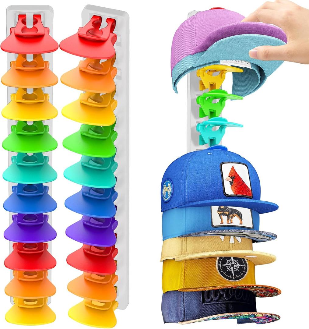 Hat Organizer for Baseball Caps 2 Pack, Adhesive Hat Rack for Wall,Baseball Cap Organizer(White+Rainbow)