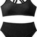 Milumia Girl's 2 Piece Swimsuits Criss Cross Spaghetti Strap Bikini Sets Swimwear Black 11Y