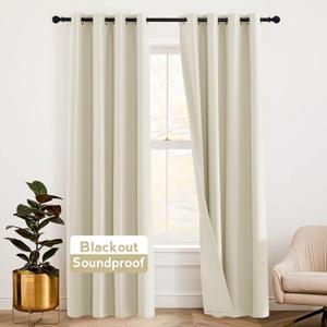RYB HOME 3-in-1 Soundproof - Blackout - Thermal Insulation Living Room Divider Curtains, Large Bay Window Noise Blocker Curtains for Bedroom Home Theatre Apartment, Beige, W 52 x L 102 inches, 2 Pcs
