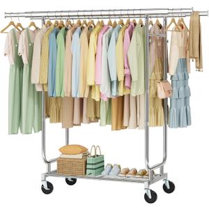 Heavy Duty Rolling Clothes Rack, 620 LBS Load Double Rod Adjustable Garment Rack with Storage Shelves & Lockable Wheels, Portable Clothing Rack for Hanging Clothes for Bedroom, Laundry Living Room