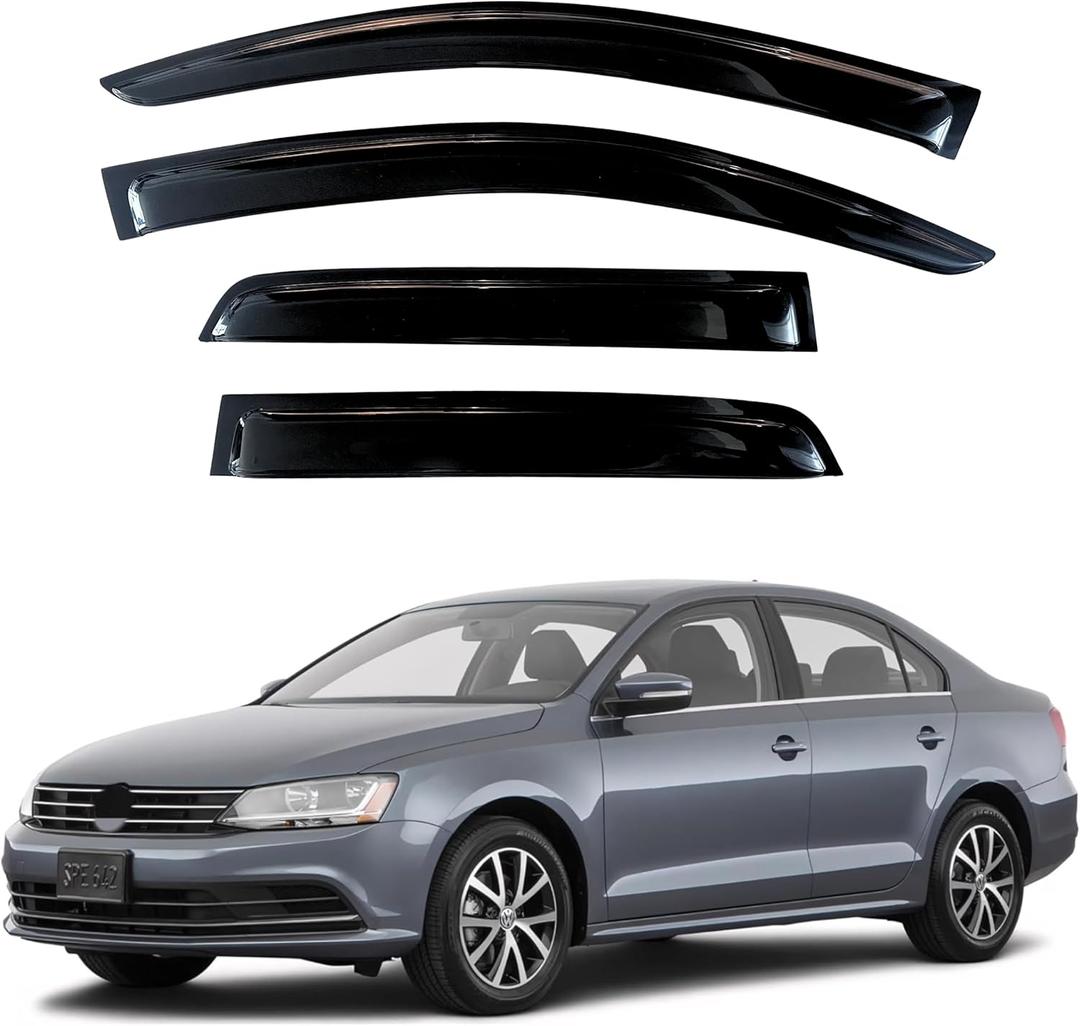 KPY Window Visor Compatible with Volkswagen (VW) Jetta 2011-2018, 4PC Rain Guard Side Window Vent Deflectors Tape-On Style, 2011 2012 2013 2014 2015 2016 2017 2018