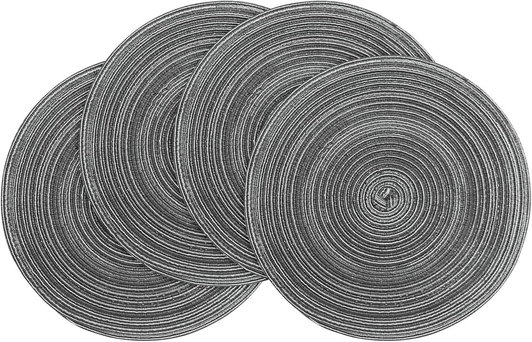 Floroom 15 Inch Round Braided Placemats Set of 4, Washable Heat Resistant Cotton Polyester Circle Place Mats for Kitchen Dining Table - Mist Grey