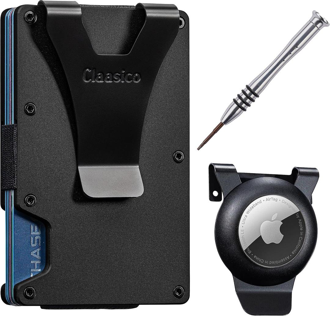 Classico Slim Wallet with Airtag Holder - RFID Blocking, Minimalist Metal Wallet for Men (Black)