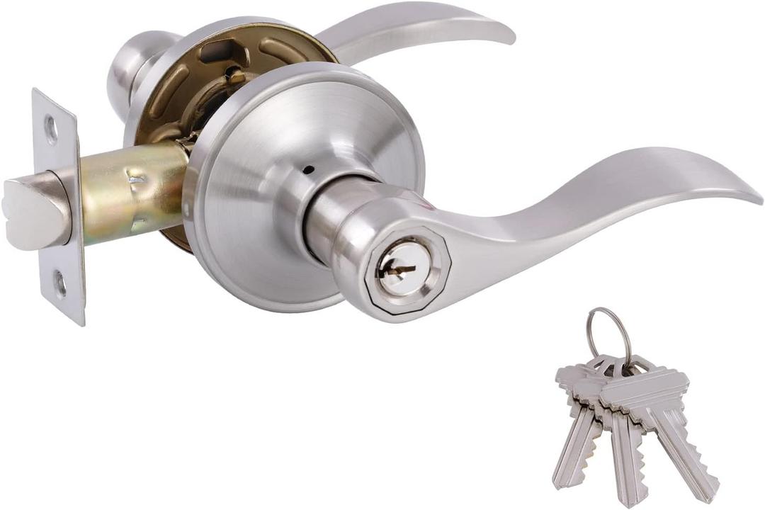 Door Levers Interior Keyed Difference Entry Front/Bedroom Door Handles for Left and Right Opened Door with Lock and Keys Set in Satin Nickel (1)