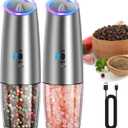 CIRCLE JOY Rechargeable Gravity Electric Salt and Pepper Grinder Set, Stainless Steels Salt and Pepper Mills with LED Light, No Battery Needed, Adjustable Coarseness, Washable 135ml Container, Silver