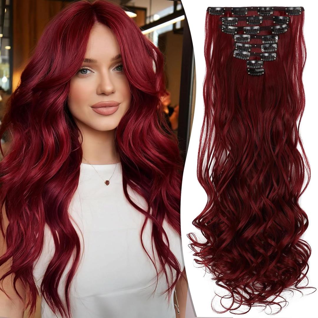 Clip in Hair Extensions 24 Inch 8PCS Wine Red Long Wavy Synthetic Hair Extensions Clip ins Thick Double Weft Hair Clip Extensions for Women