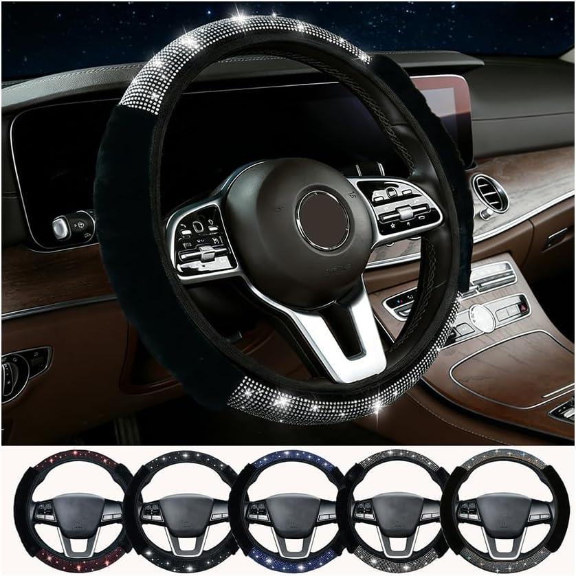 Bling Steering Wheel Cover for Women Girls, Colorful Rhinestone Diamond Sparkling Fur Fluffy Steering Wheel Accessories Elastic Steering Wheel Covers Winter Warm Universal Fit 14-15 inches