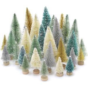 30PCS Bottle Brush Christmas Trees Mini Bottle Brush Trees with Wood Base Tabletop Small Christmas Village Tree, Xmas Holiday Decor (Multicolor)