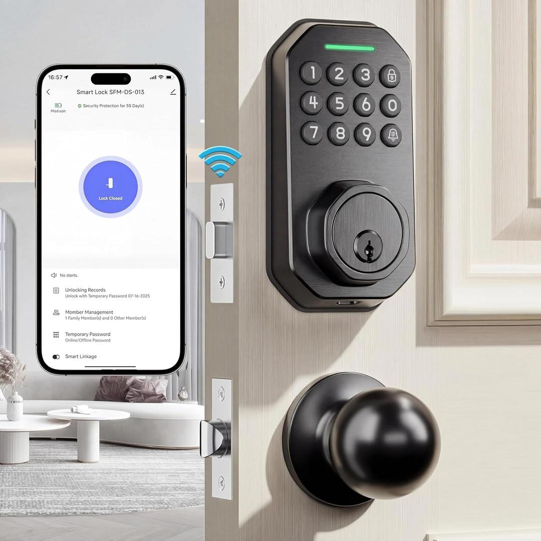 Ulecoce Keyless Entry Door Lock Set WiFi Smart App Control Door Lock for Front Door Keypad Deadbolt with 2 Knobs Auto Lock One Time Codes Easy Install, Black
