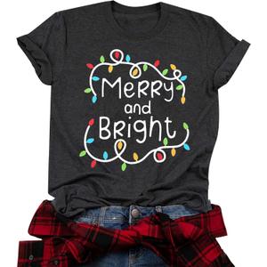 Merry and Bright Shirt Christmas Shirts for Women Xmas Lights Graphic Shirts Merry Christmas Holiday Tops (Large, Grey)
