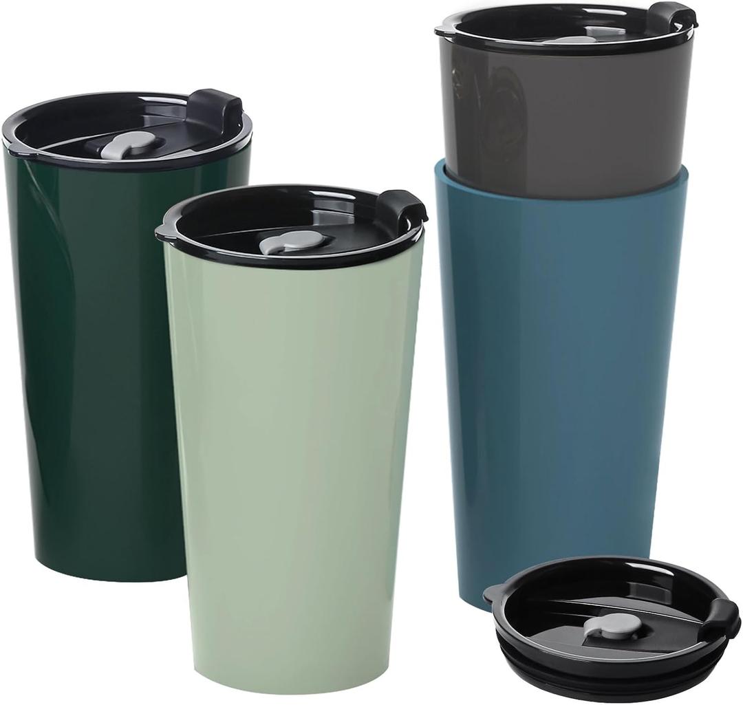 4 Pack Plastic Travel Coffee Mug Set, 20 oz Spill Proof Drinking Cups with Lids, Pobtable to Go Camping Coffee Tumbler Reusable Coffee Mugs with Lids, Dishwasher & Microwave Safe