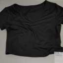 Short Sleeve V Neck Crop Top for Women Soft Workout Shirt Going Out Tops Sexy Slim Fitted Casual Base Layer Lightweight (Small, Black)