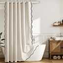 MIULEE Linen Scalloped Cream Shower Curtain with 12 Metal Hooks Boho Farmhouse Cute Heavy Duty Washable Waterproof Thick Cloth Shower Curtains with Black Border for Bathroom Hotel,W72*L72, Natural