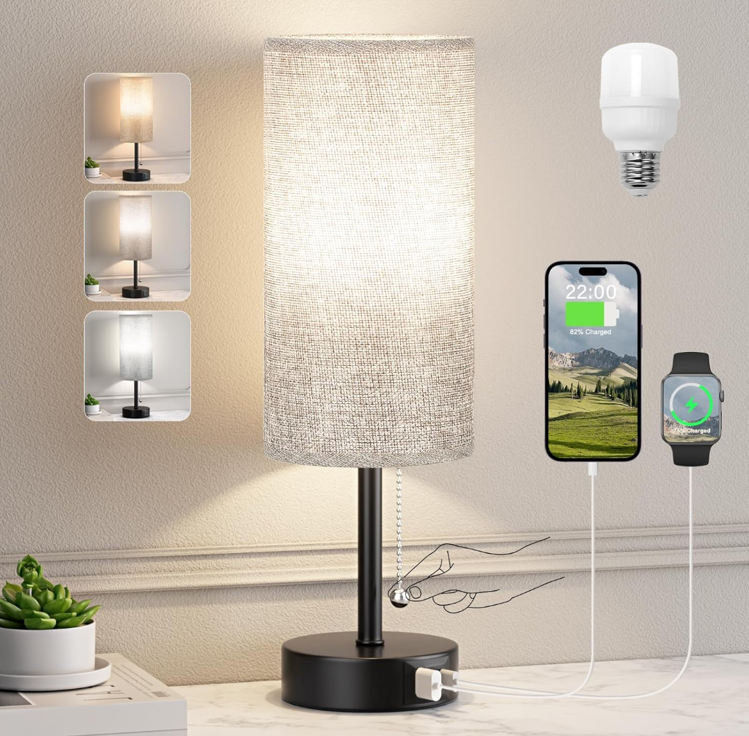 Grey Bedside Lamp for Bedroom Nightstand - Small Table Lamp with USB A + C Charging Port, 3 Color Temperatures Pull Chain Night Stand Light with Bulb, Side Table Desk Reading Lamp for Living Room/Dorm