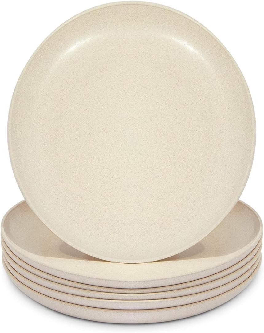 Okuna Outpost Wheat Straw Plates, Unbreakable Dinner Plates (6 Pack) - Microwave & Dishwasher Safe 8 Inch Beige Plates - Wheat Straw Dinnerware Sets