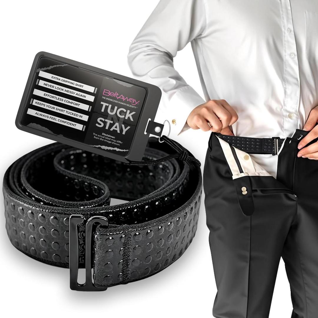 BELTAWAY Tuck N Stay Shirt Stays for Men, Designed to Keep Shirt Tucked All Day, Extra Gripping Elastic Belt, Durable & Discreet, Perfect for Work & Casual Wear, One Size, Designed in USA (Black)