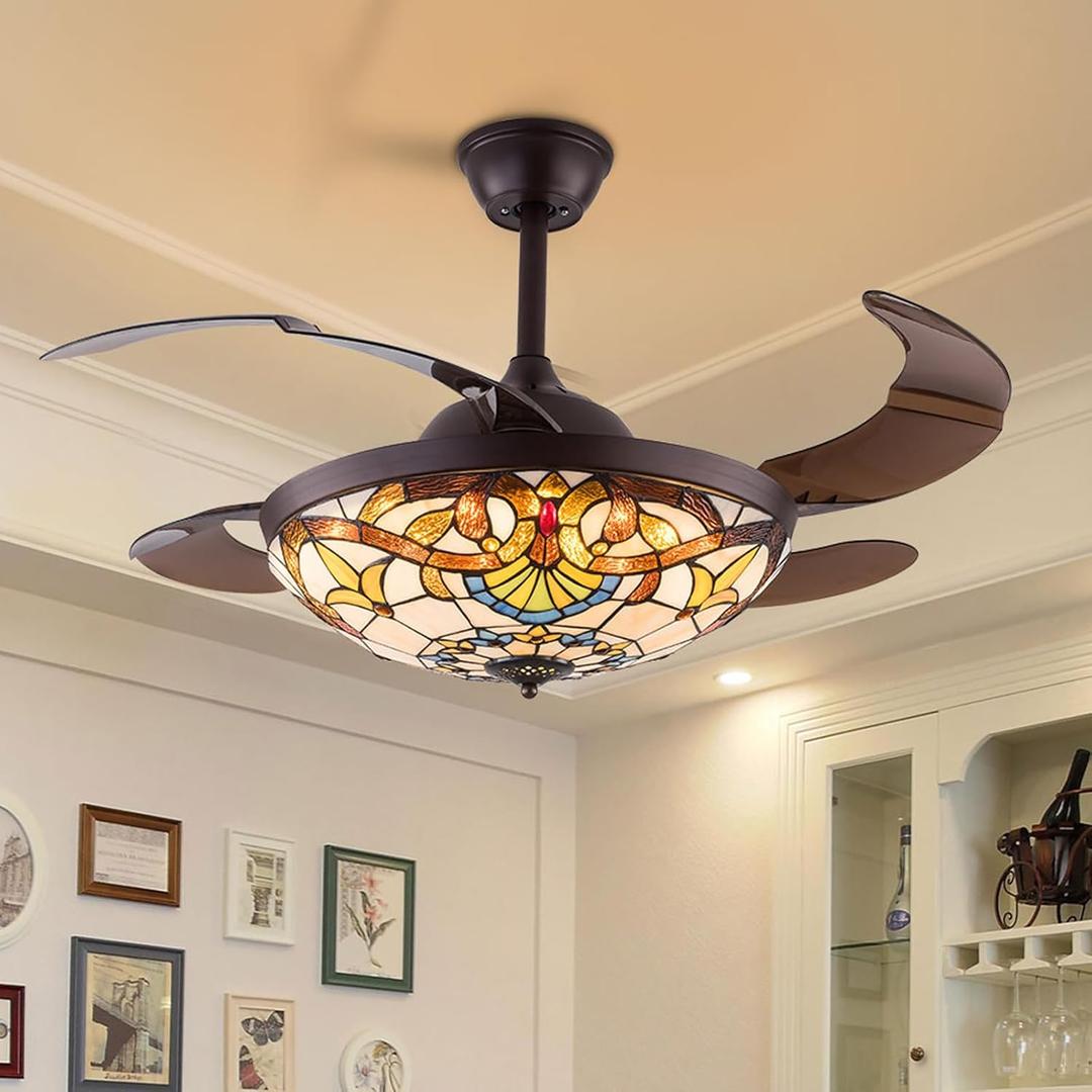 42 Inch Tiffany Style Invisible Ceiling Fan with Lights and Remote Control,Retractable Reverse Blades 6 Speeds 3 Light Changes Fandelier Chandelier Fan,Quiet Motor,Indoor Ceiling Lighting Fixture (updated-42inch)