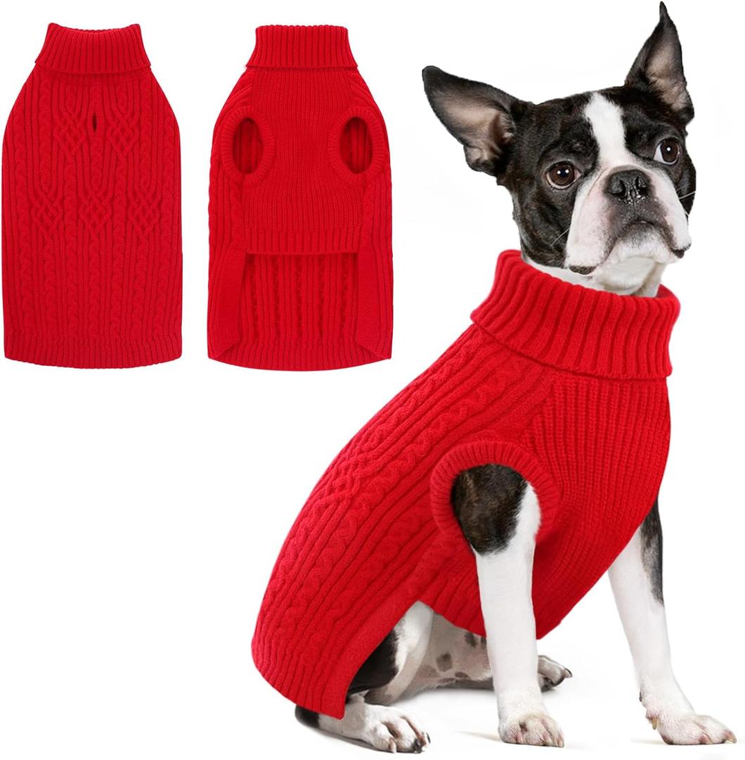 SUNFURA Dog Sweater, Dog Sweaters for Medium Dogs Girl Boy, Warm Soft Sweaters Pullover for Fall Winter, Solid Color Turtleneck Knitwear Clothes for Pug, Yorkie, Boston Terrier, Red M