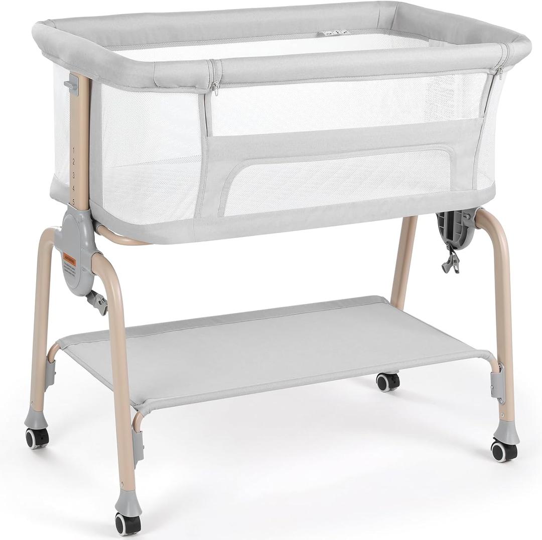 Cowiewie Bassinet Bedside Sleeper, Breathable Baby Bedside Bassinet and Mattress, Lightweight and Portable for Bedside Sleeping, Light Grey