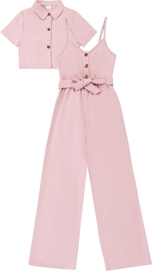 YOURUIKEY Girls Jumpsuit Cute Summer Outfits Kids Crop Top Button Short Sleeve Halter Belted Romper Tween Girls Trendy Clothes Size 8